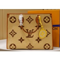 Imitation Louis Vuitton Onthego Monogram Raffia Giant Weave Embroidery Medium Tote Bag M57723 Brown JK462VO34