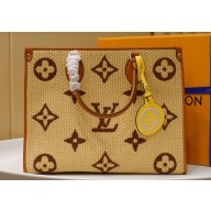 Imitation Louis Vuitton Onthego Monogram Raffia Giant Weave Embroidery Medium Tote Bag M57723 Brown JK462VO34