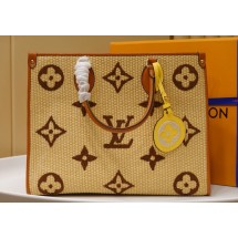 Imitation Louis Vuitton Onthego Monogram Raffia Giant Weave Embroidery Medium Tote Bag M57723 Brown JK462VO34